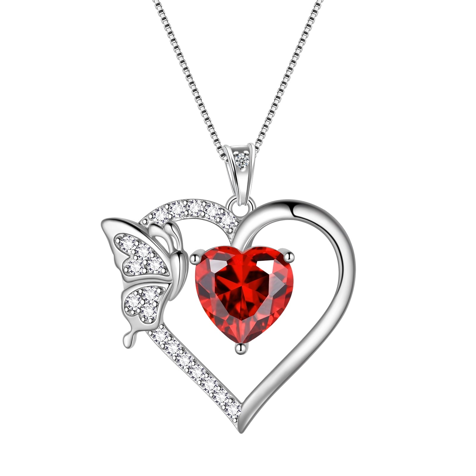 Women Red Heart Necklace Butterfly January Birthstone Necklace Garnet 925 Sterling Silver Pendant Jewelry Birthday Christmas Mother's Day Gifts - Aurora Tears