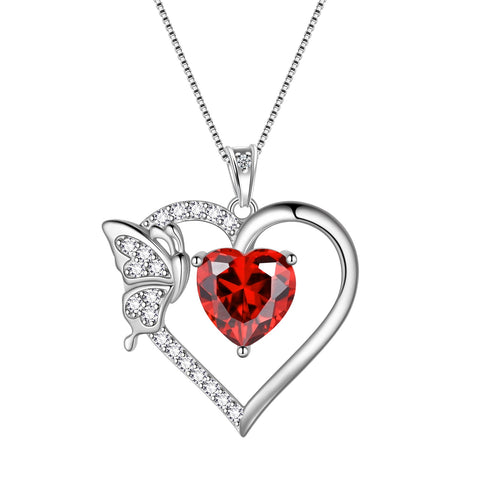 Women Red Heart Necklace Butterfly January Birthstone Necklace Garnet 925 Sterling Silver Pendant Jewelry Birthday Christmas Mother's Day Gifts - Aurora Tears