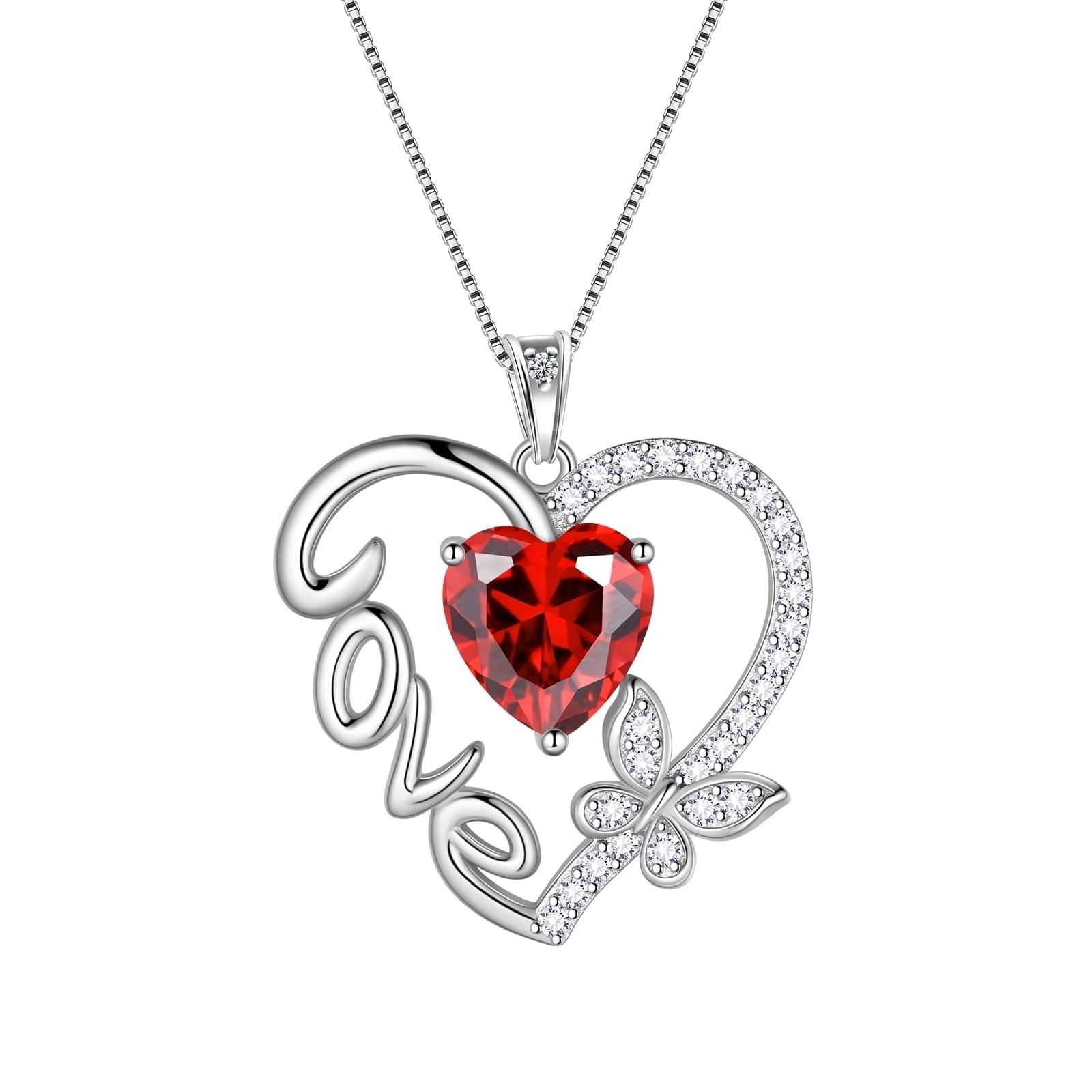 Women Red Love Heart Necklace Butterfly January Birthstone Necklace Garnet CZ 925 Sterling Silver Pendant Jewelry Mother Birthday Valentine's Day Gift - Aurora Tears