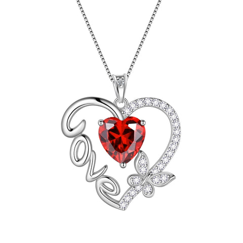 Women Red Love Heart Necklace Butterfly January Birthstone Necklace Garnet CZ 925 Sterling Silver Pendant Jewelry Mother Birthday Valentine's Day Gift - Aurora Tears