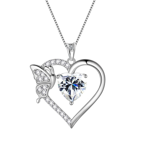 Women White Heart Necklace Butterfly April Birthstone Necklace Diamond Crystal 925 Sterling Silver Pendant Jewelry Birthday Valentine's Day Gift - Aurora Tears