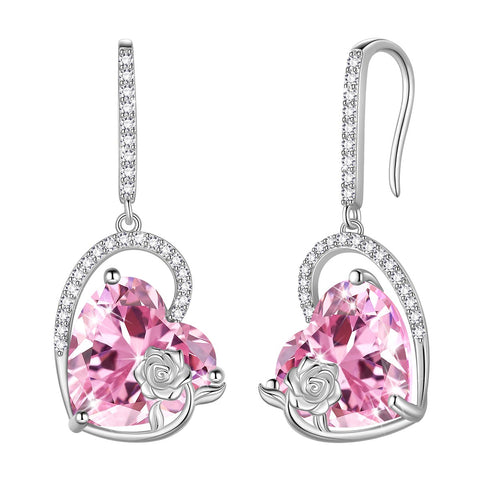 Pendientes de plata de ley para mujer, con forma de corazón y piedra de nacimiento, con gancho, joyería de rosas, regalo de cumpleaños para niñas, San Valentín y Navidad.