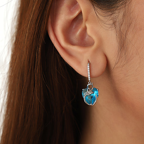 Pendientes de mariposa con forma de gato para mujer, de plata de ley 925, con gancho colgante, corazón azul, aguamarina, piedra natal de marzo, regalo para mamá, Navidad, cumpleaños, San Valentín, esposa.