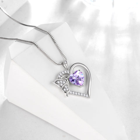 Colar feminino com pingente de coração roxo, borboleta e pedra de nascimento de junho, em prata de lei 925 com zircônia cúbica (Alexandrita). Ideal para aniversários e Dia das Mães.