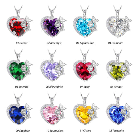 Juwaliy Women Heart Necklace Butterfly Rose Flower Pendant Birthstone Jewelry 925 Sterling Silver Mother Valentine's Day Gift