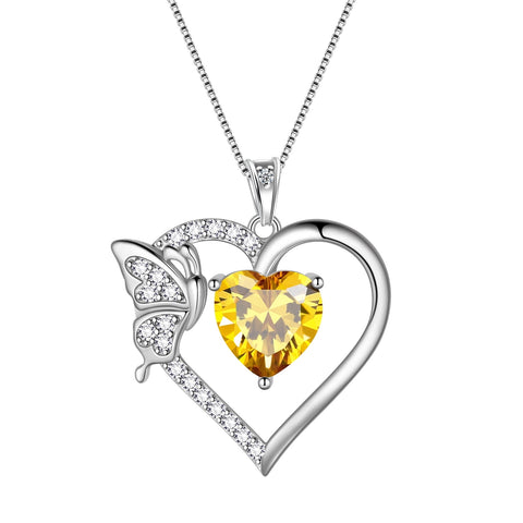Women Yellow Heart Necklace Butterfly November Birthstone Necklace Citrine CZ 925 Sterling Silver Pendant Jewelry Mother Wife Christmas Birthday Gift - Aurora Tears