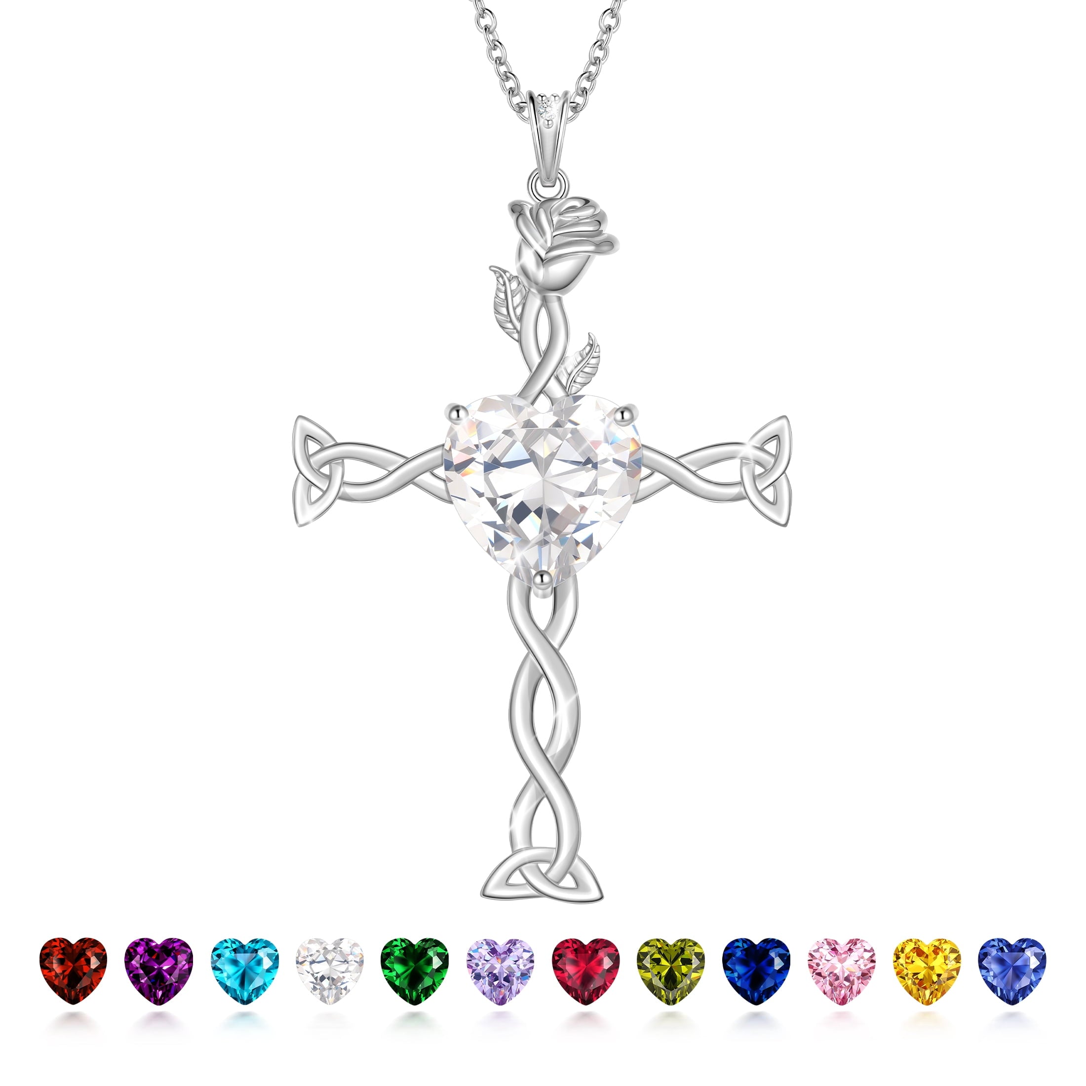 Juwaliy 925 Sterling Silver Plated Celtic Cross Necklace for Women,Birthstone Rose Flower Pendant Irish Jewelry Christmas Valentines Birthday Gift