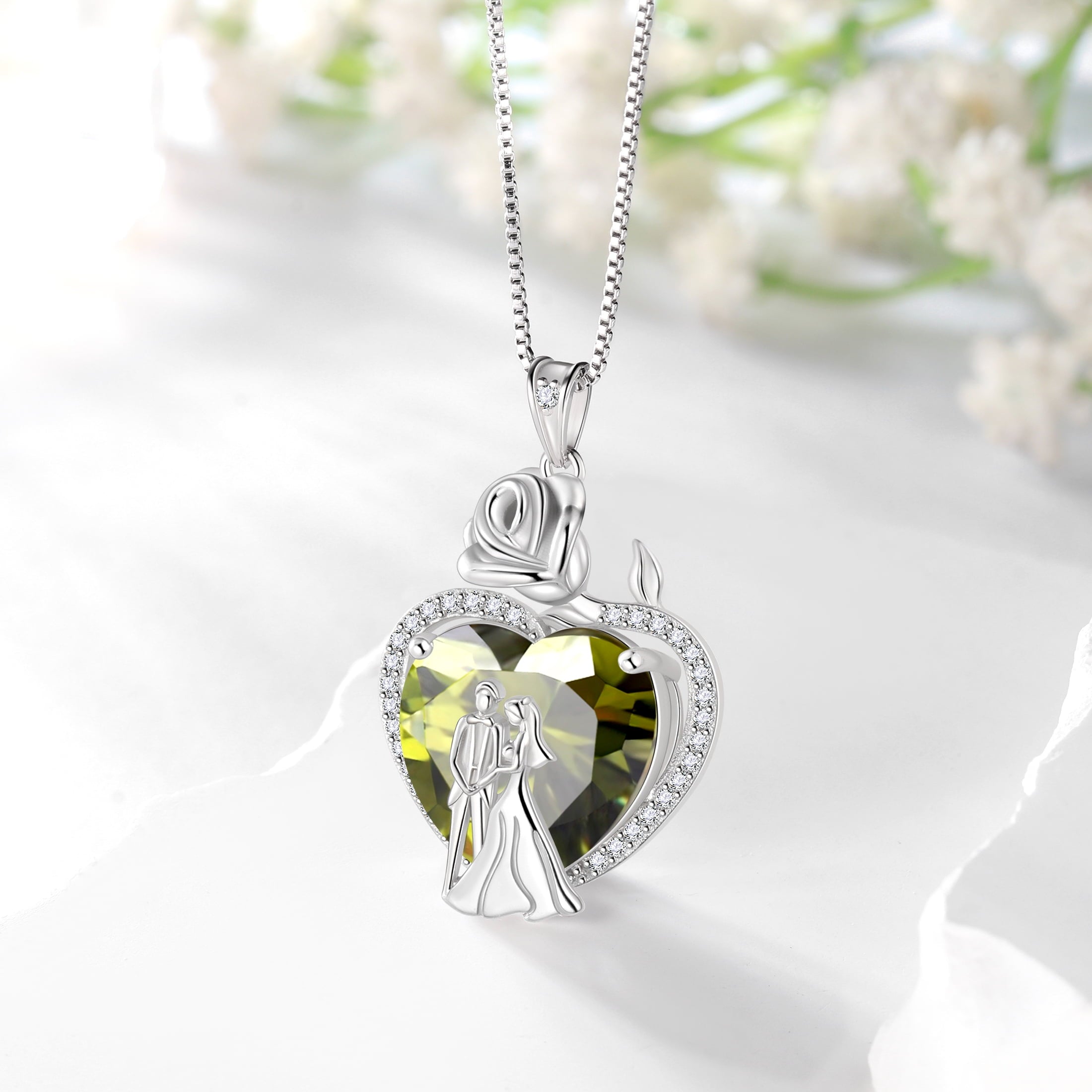 Couple Necklace for Women 925 Sterling Silver 15MM Heart August Birthstone Rose Flower Pendant Promise Engagement Jewelry Valentines Gift for Wife Girlfriend Her - Aurora Tears