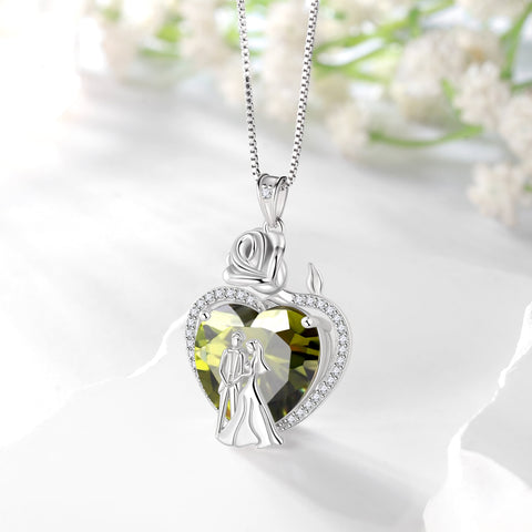 Couple Necklace for Women 925 Sterling Silver 15MM Heart August Birthstone Rose Flower Pendant Promise Engagement Jewelry Valentines Gift for Wife Girlfriend Her - Aurora Tears