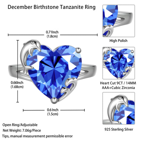 9Ct Women Heart Ring 925 Sterling Silver Dolphin December Birthstone Tanzanite Blue Solitaire Ring Jewelry Mom Christmas Birthday Gift - Aurora Tears