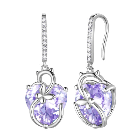 Juwaliy Cat Butterfly Earrings for Women 925 Sterling Silver Earrings Dangle Drop Hook Heart Birthstone Jewelry Birthday Valentines Mother's Day Gifts