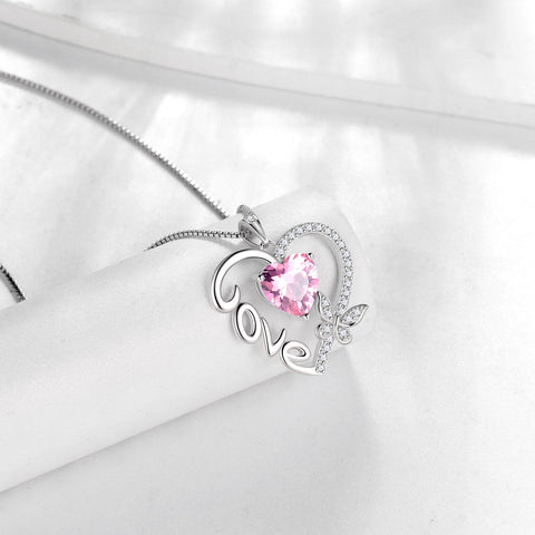 Women Pink Love Heart Necklace Butterfly October Birthstone Necklace Tourmaline 925 Sterling Silver Pendant Jewelry Mother Birthday Valentine's Day Gift - Aurora Tears
