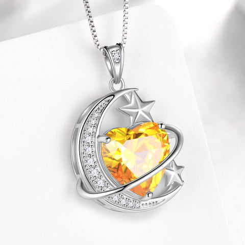 13MM Women Moon and Star Necklace Heart November Birthstone 925 Sterling Silver Sun and Moon Necklace Pendant Yellow Citrine Jewelry Christmas Valentines Mother's Day Gift - Aurora Tears