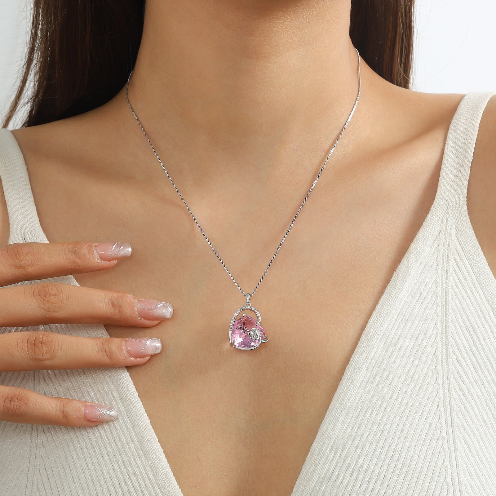 925 Sterling Silver 15MM Heart Necklace Women October Birthstone Tourmaline Jewelry Pink Rose Flower Pendant Mother Christmas Valentine's Day Gift - Aurora Tears