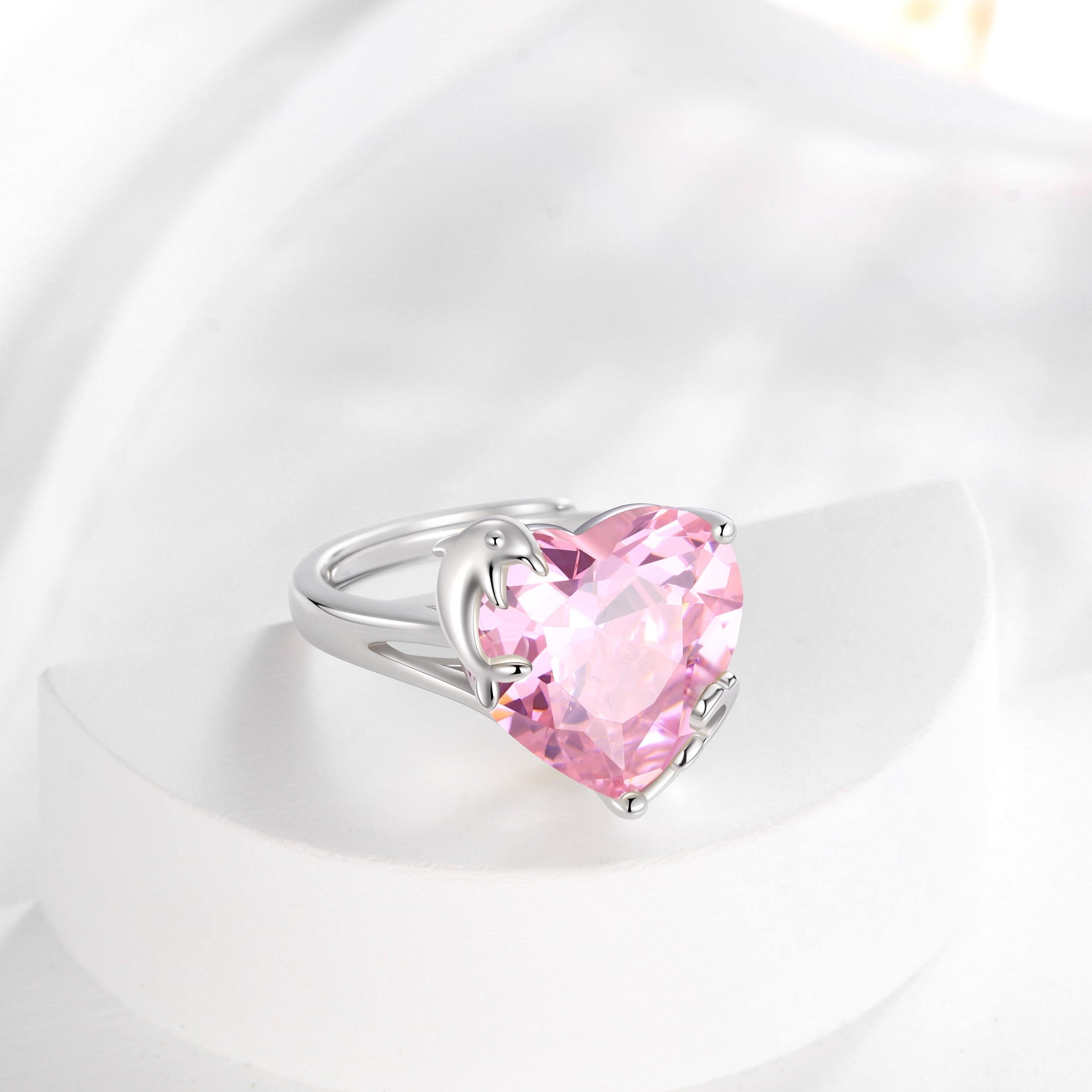 9Ct Women Heart Ring 925 Sterling Silver Dolphin October Birthstone Tourmaline Pink Solitaire Ring Jewelry Mother Birthday Valentine's Day Gifts - Aurora Tears
