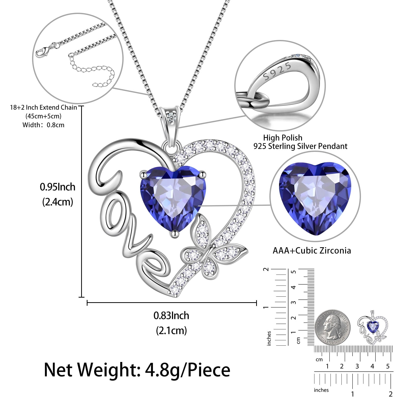 Women Blue Love Heart Necklace Butterfly December Birthstone Necklace Tanzanite 925 Sterling Silver Pendant Jewelry Mother Wife Christmas Birthday Gift - Aurora Tears