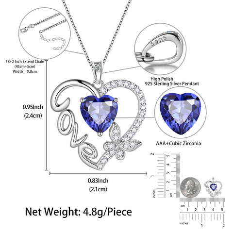 Women Blue Love Heart Necklace Butterfly December Birthstone Necklace Tanzanite 925 Sterling Silver Pendant Jewelry Mother Wife Christmas Birthday Gift - Aurora Tears