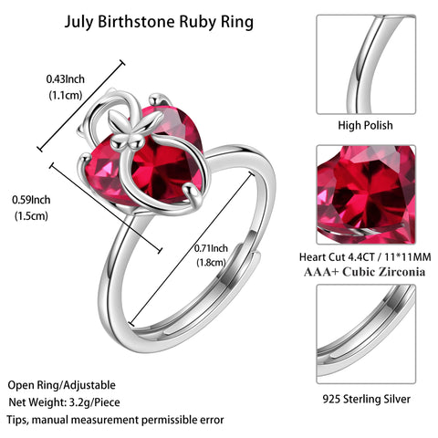 Women Heart Ring 925 Sterling Silver Cat Butterfly July Birthstone Ruby Red Solitaire Ring Jewelry Mother Birthday Valentine's Day Gift - Aurora Tears