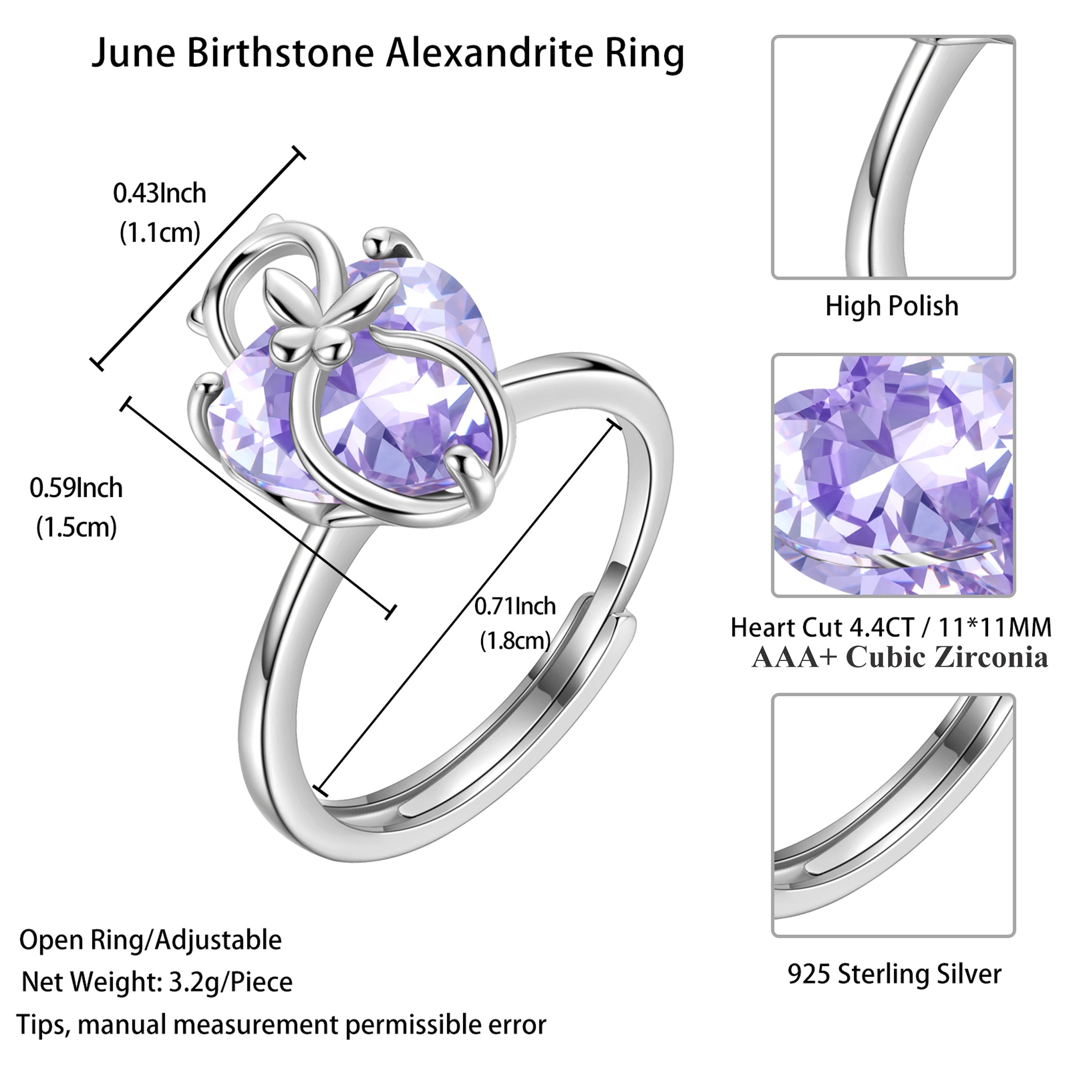 Women Heart Ring 925 Sterling Silver Cat Butterfly June Birthstone Alexandrite Solitaire Ring Jewelry Birthday Gift for Mother Cat Lover - Aurora Tears