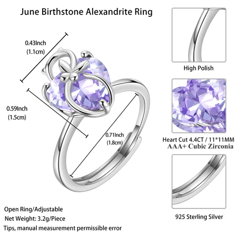 Women Heart Ring 925 Sterling Silver Cat Butterfly June Birthstone Alexandrite Solitaire Ring Jewelry Birthday Gift for Mother Cat Lover - Aurora Tears