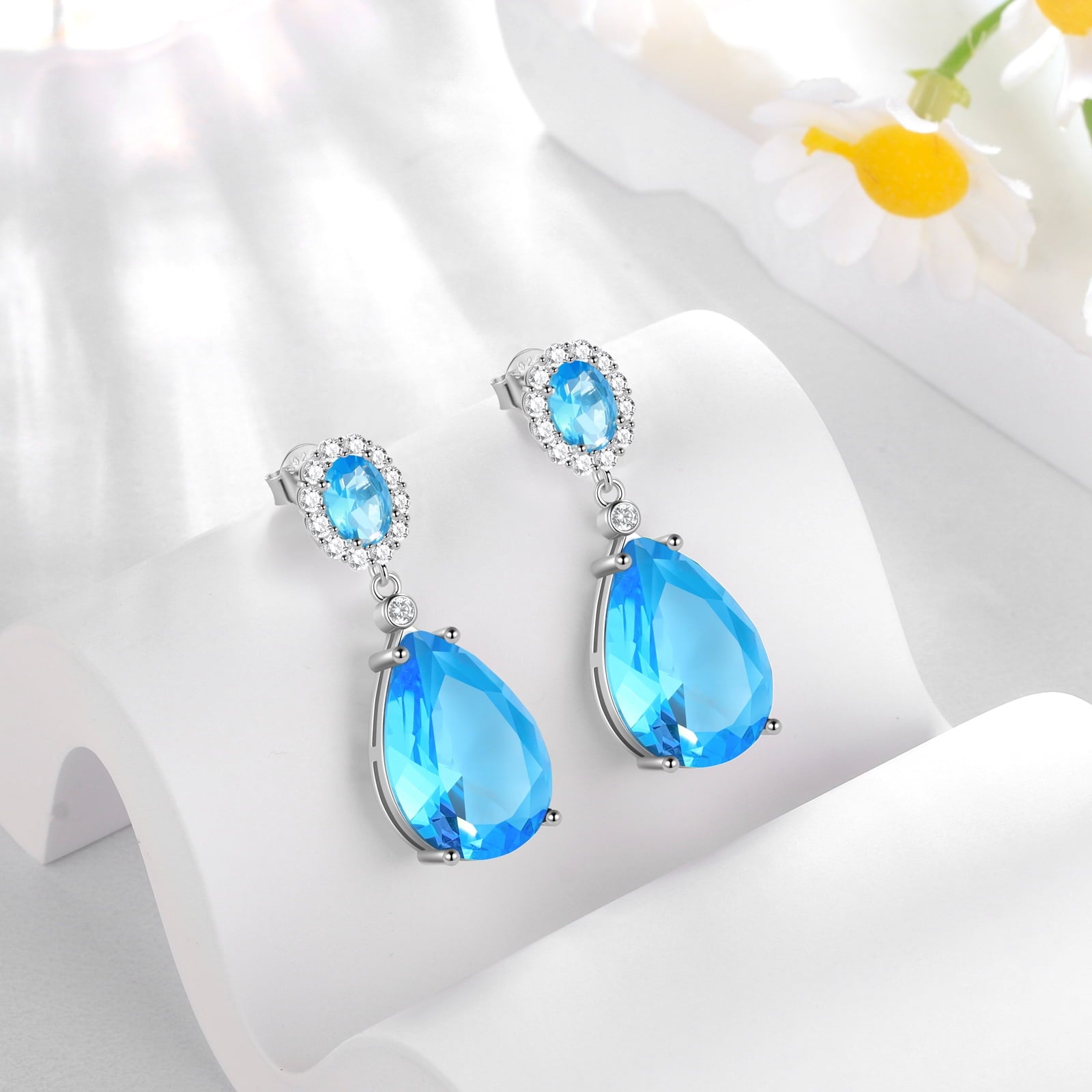 10Ct Teardrop Dangle Earrings Women Blue Topaz March Birthstone Aquamarine Jewelry 925 Sterling Silver Birthday Mother's Day Gifts - Aurora Tears