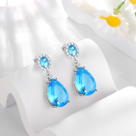 10Ct Teardrop Dangle Earrings Women Blue Topaz March Birthstone Aquamarine Jewelry 925 Sterling Silver Birthday Mother's Day Gifts - Aurora Tears