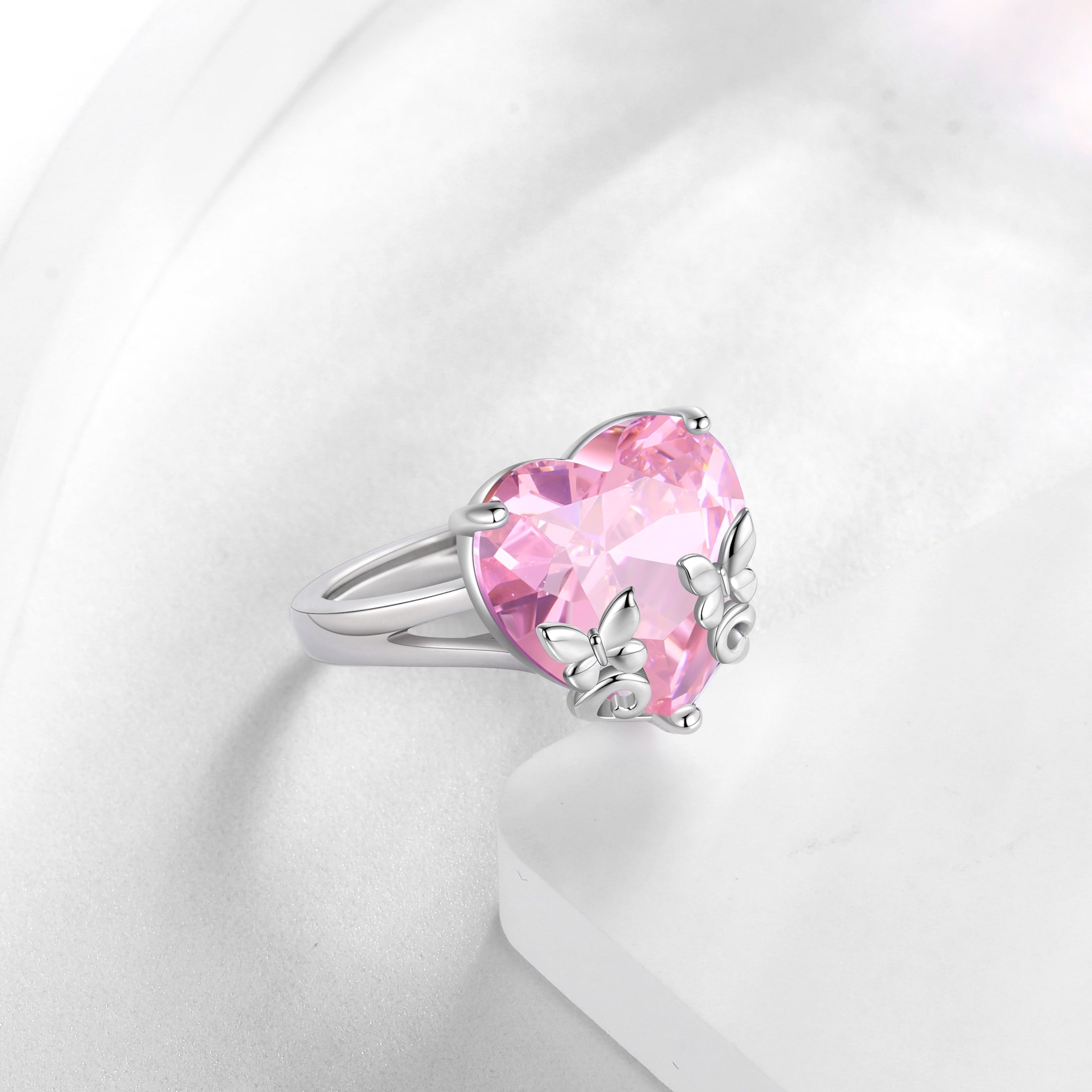 9Ct Women Heart Ring 925 Sterling Silver Butterfly October Birthstone Tourmaline Pink Solitaire Ring Jewelry Mother Birthday Valentine's Day Gifts - Aurora Tears