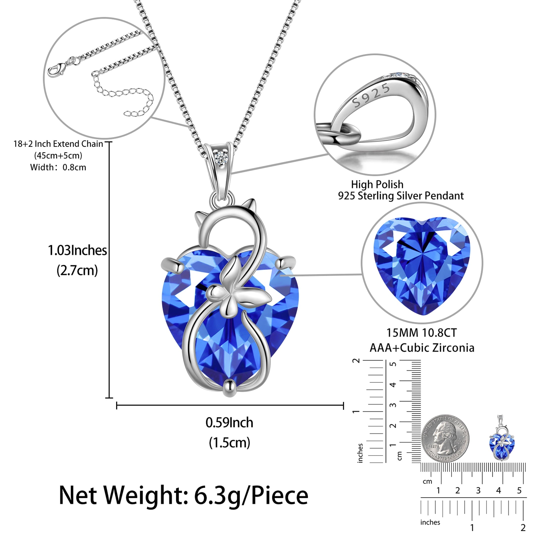 15MM Women Cat Necklace Heart December Birthstone 925 Sterling Silver Pendant Butterfly Blue Tanzanite Jewelry Christmas Birthday Mother's Day Gift - Aurora Tears