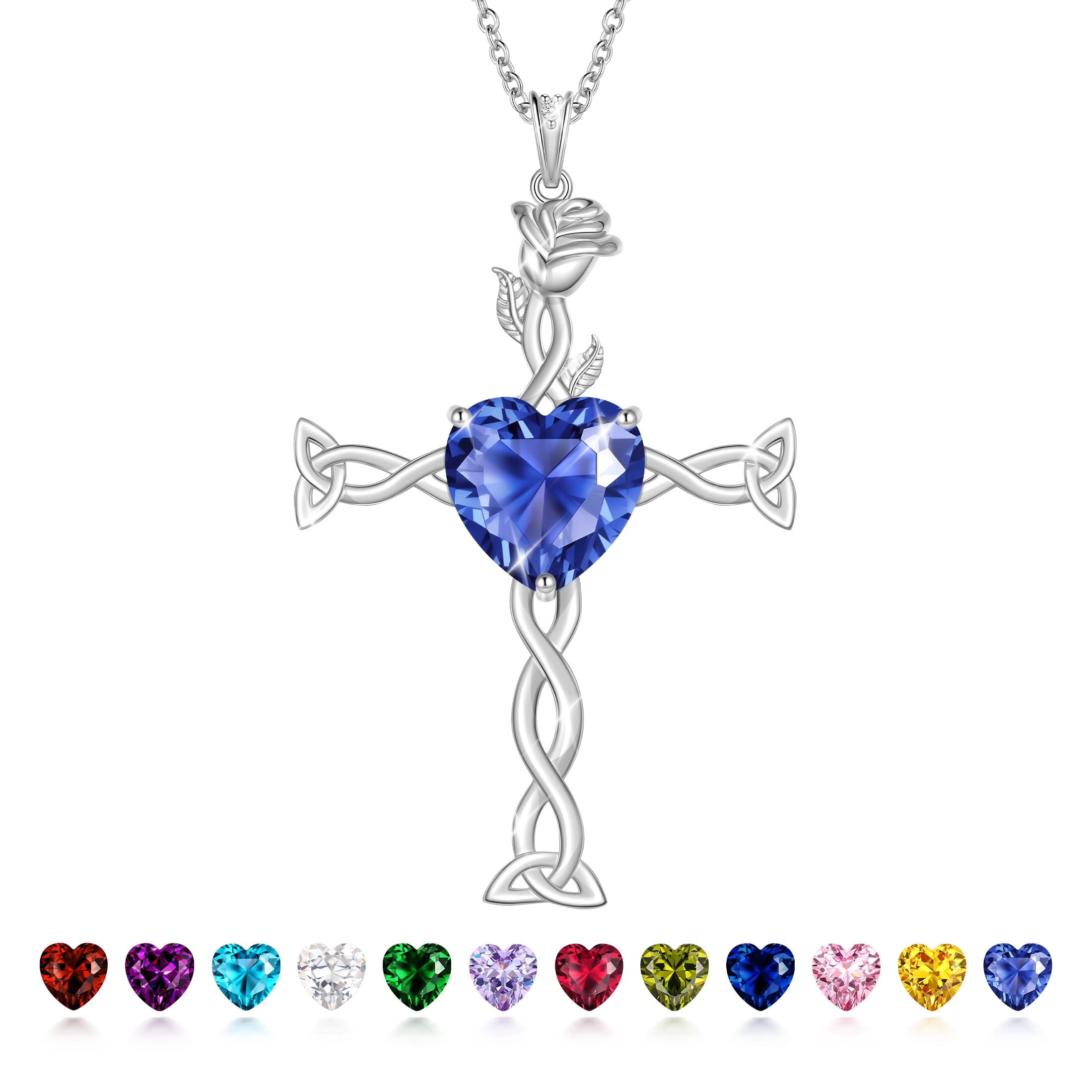 Juwaliy 925 Sterling Silver Plated Celtic Cross Necklace for Women,Birthstone Rose Flower Pendant Irish Jewelry Christmas Valentines Birthday Gift
