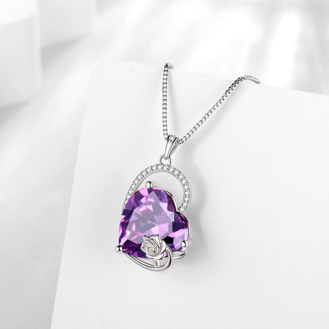 925 Sterling Silver 15MM Heart Necklace Women February Birthstone Amethyst Jewelry Purple Rose Flower Pendant Mother Birthday Valentine's Day Gift - Aurora Tears