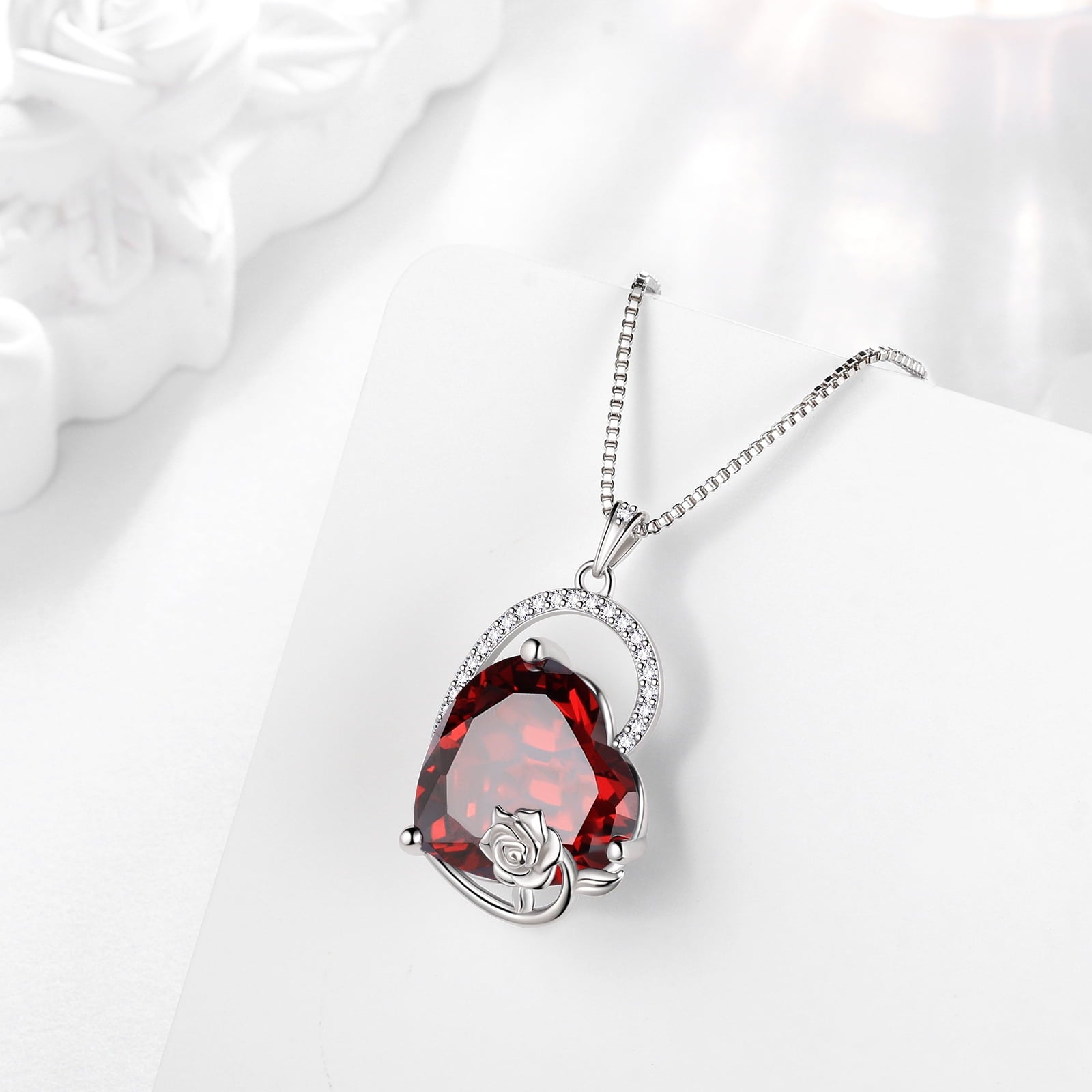 925 Sterling Silver 15MM Heart Necklace Women January Birthstone Garnet Jewelry Red Rose Flower Pendant Mother Birthday Valentine's Day Xmas Gift - Aurora Tears
