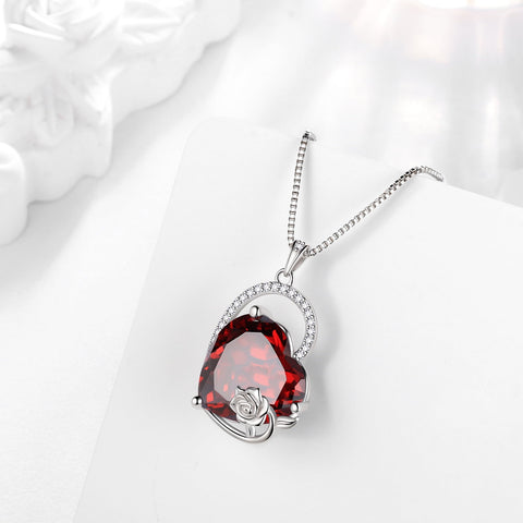 925 Sterling Silver 15MM Heart Necklace Women January Birthstone Garnet Jewelry Red Rose Flower Pendant Mother Birthday Valentine's Day Xmas Gift - Aurora Tears