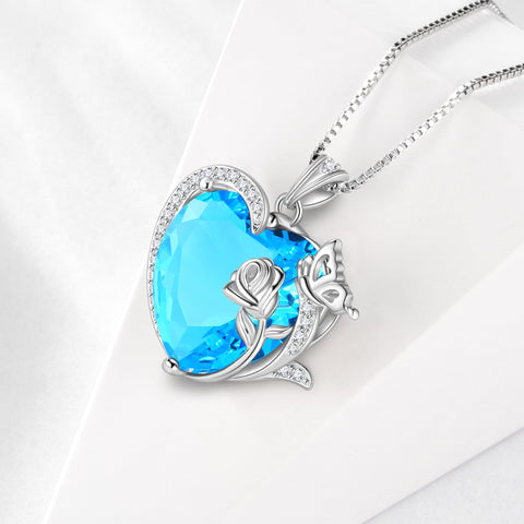 Women Heart Necklace Butterfly Rose Flower Pendant March Birthstone Aquamarine Blue Jewelry 925 Sterling Silver Wife Mother Birthday Gifts - Aurora Tears