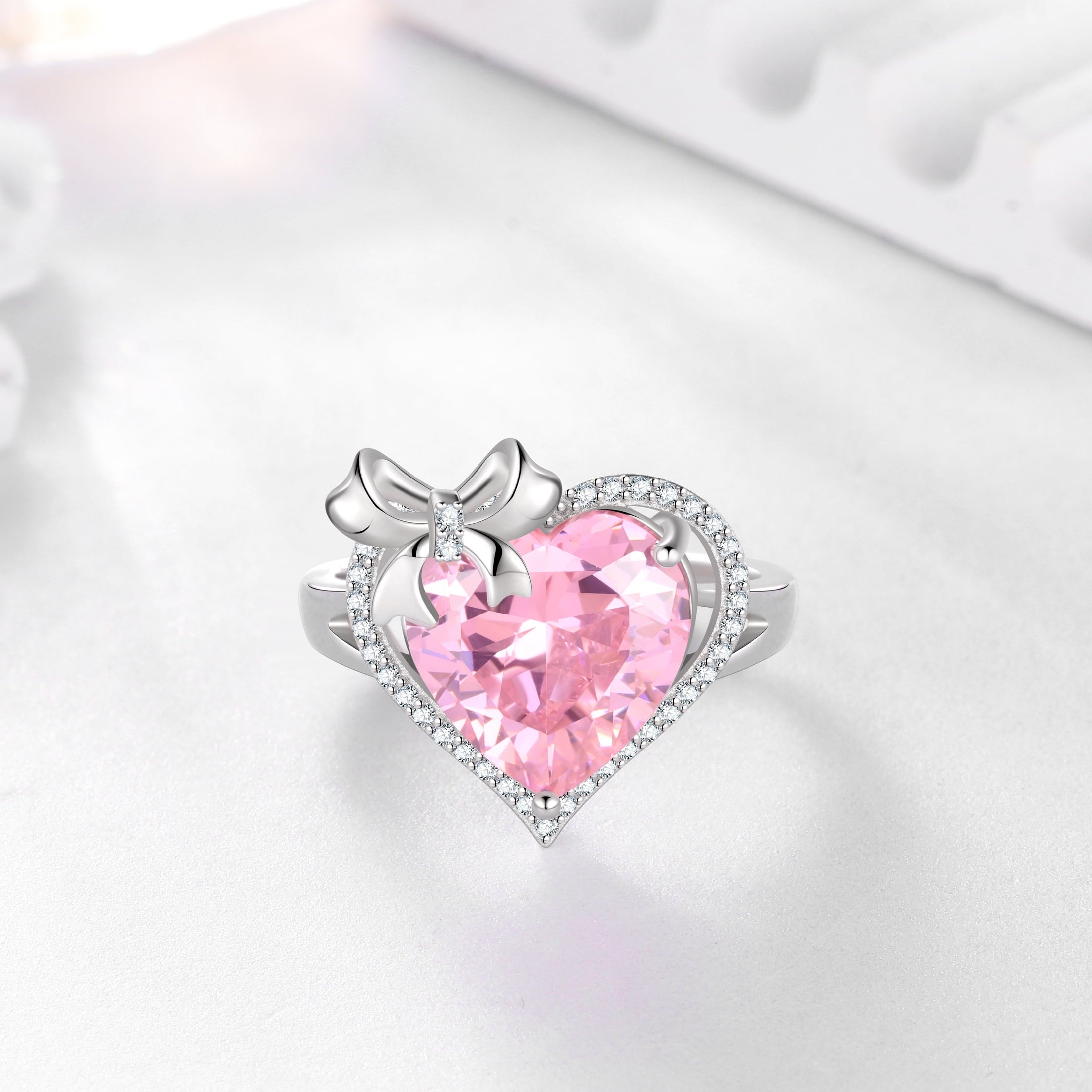 6Ct Heart Women Ring Bow Kont Ribbon 925 Sterling Silver October Birthstone Tourmaline Ring Pink Jewelry Valentine's Day Gift for Girlfriend Wife Mother - Aurora Tears