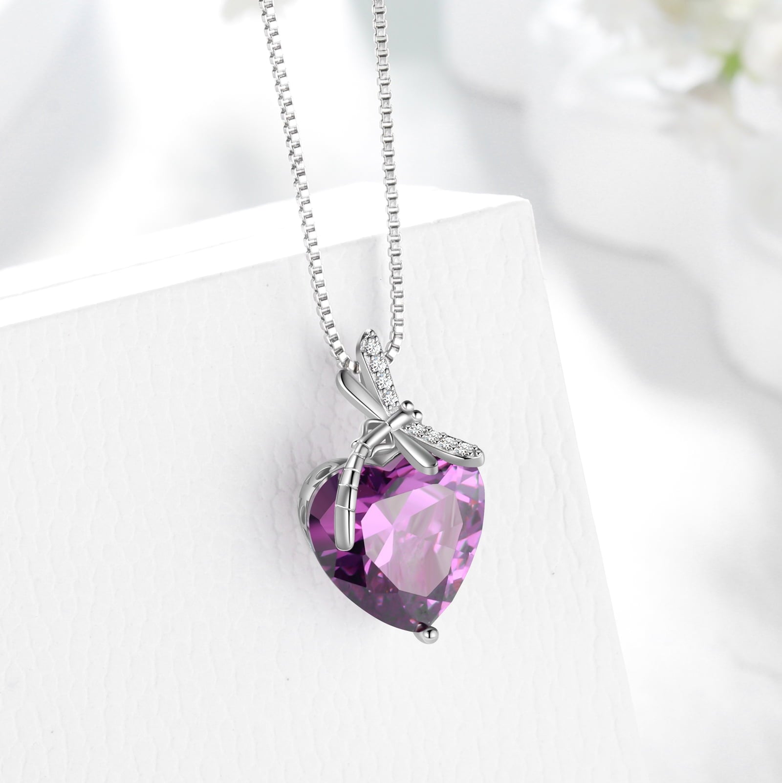 Dragonfly Necklace Heart February Birthstone Necklace Amethyst Purple Jewelry Sterling Silver Pendant Women Birthday Christmas Mother's Day Gifts - Aurora Tears