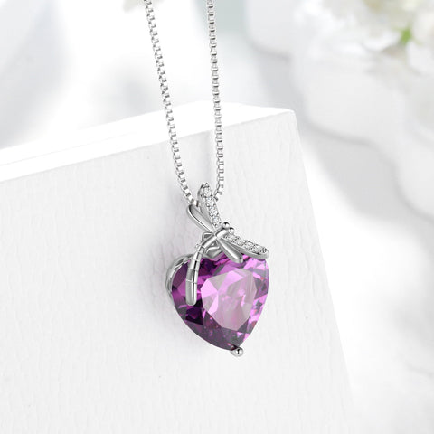 Dragonfly Necklace Heart February Birthstone Necklace Amethyst Purple Jewelry Sterling Silver Pendant Women Birthday Christmas Mother's Day Gifts - Aurora Tears