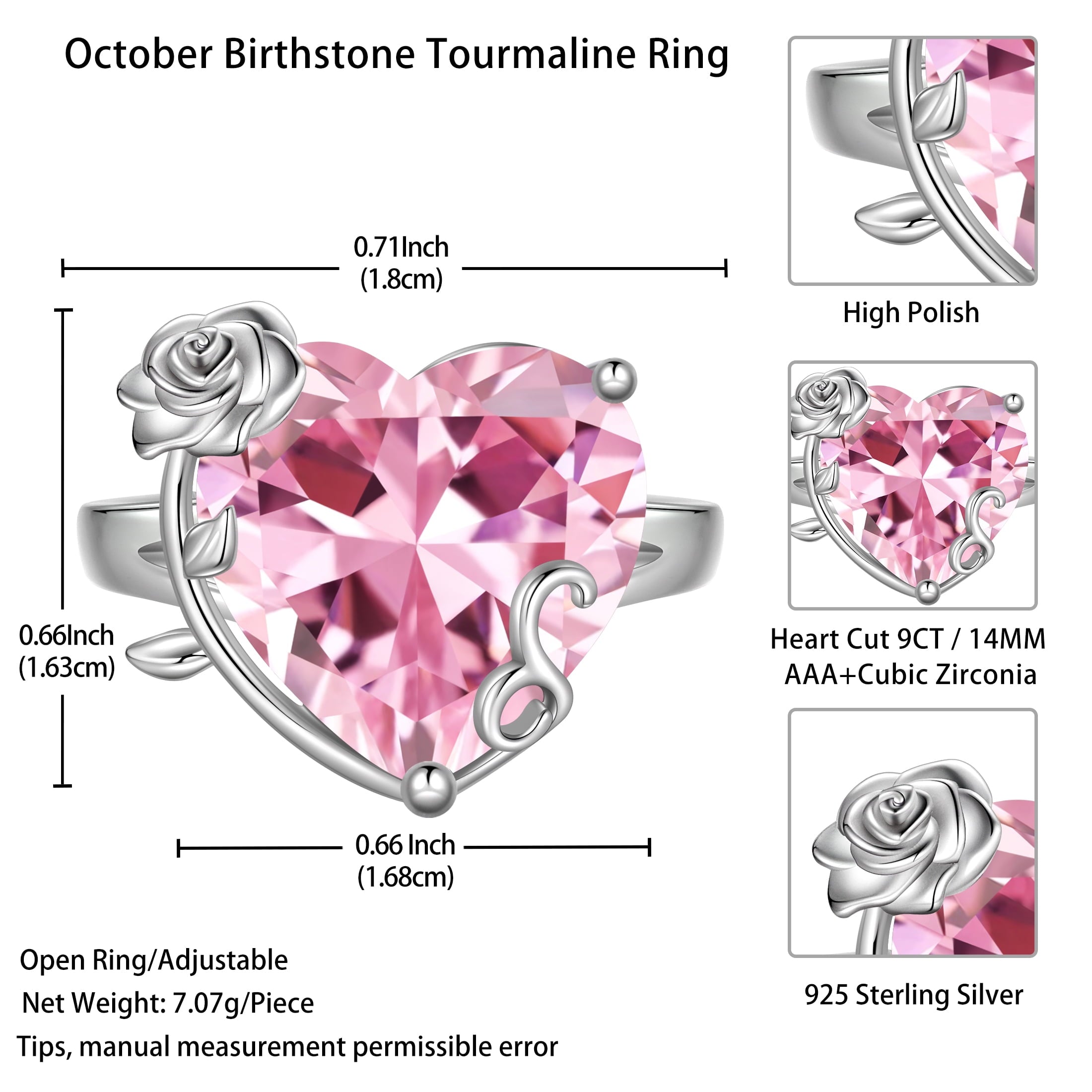 9Ct Women Heart Ring 925 Sterling Silver Rose Flower October Birthstone Tourmaline Pink Solitaire Ring Jewelry Mother Birthday Valentine's Day Gift - Aurora Tears