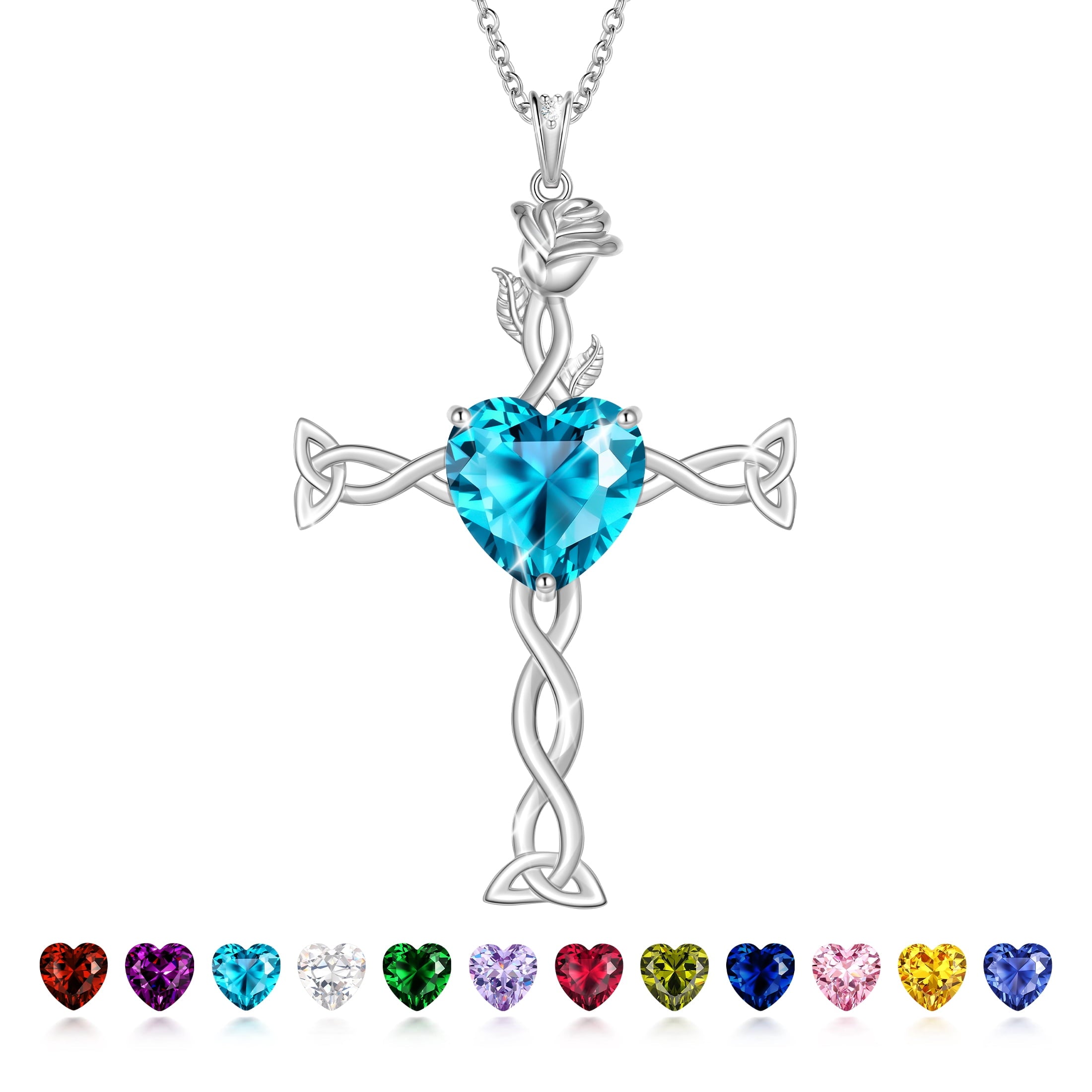 Juwaliy 925 Sterling Silver Plated Celtic Cross Necklace for Women,Birthstone Rose Flower Pendant Irish Jewelry Christmas Valentines Birthday Gift