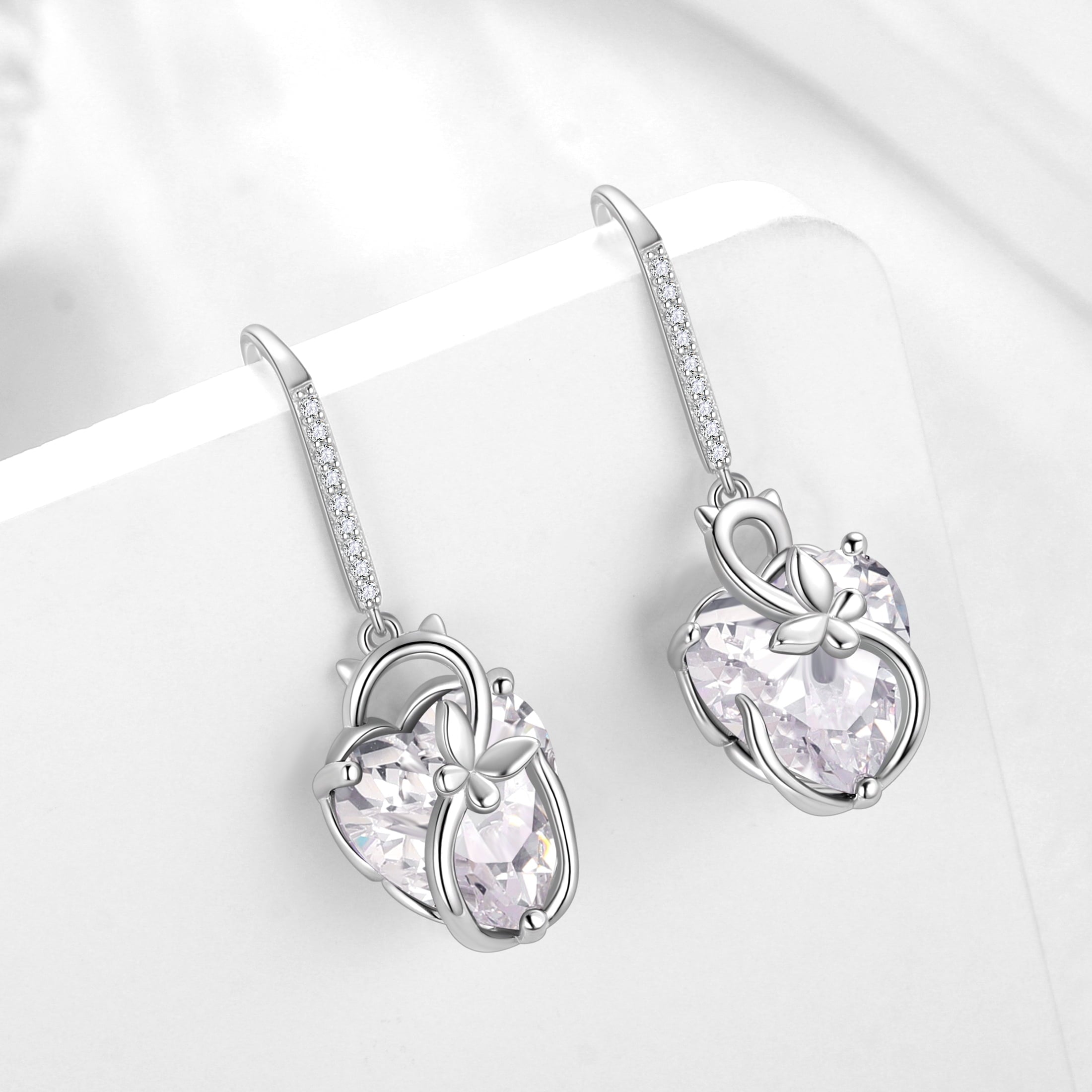 Cat Butterfly Earrings for Women 925 Sterling Silver Earrings Dangle Drop Hook Heart Diamond April Birthstone Wedding Bridal Jewelry Mothers Valentines Day Gifts for Wife Girlfriend - Aurora Tears