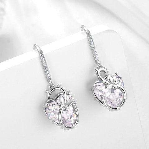 Cat Butterfly Earrings for Women 925 Sterling Silver Earrings Dangle Drop Hook Heart Diamond April Birthstone Wedding Bridal Jewelry Mothers Valentines Day Gifts for Wife Girlfriend - Aurora Tears