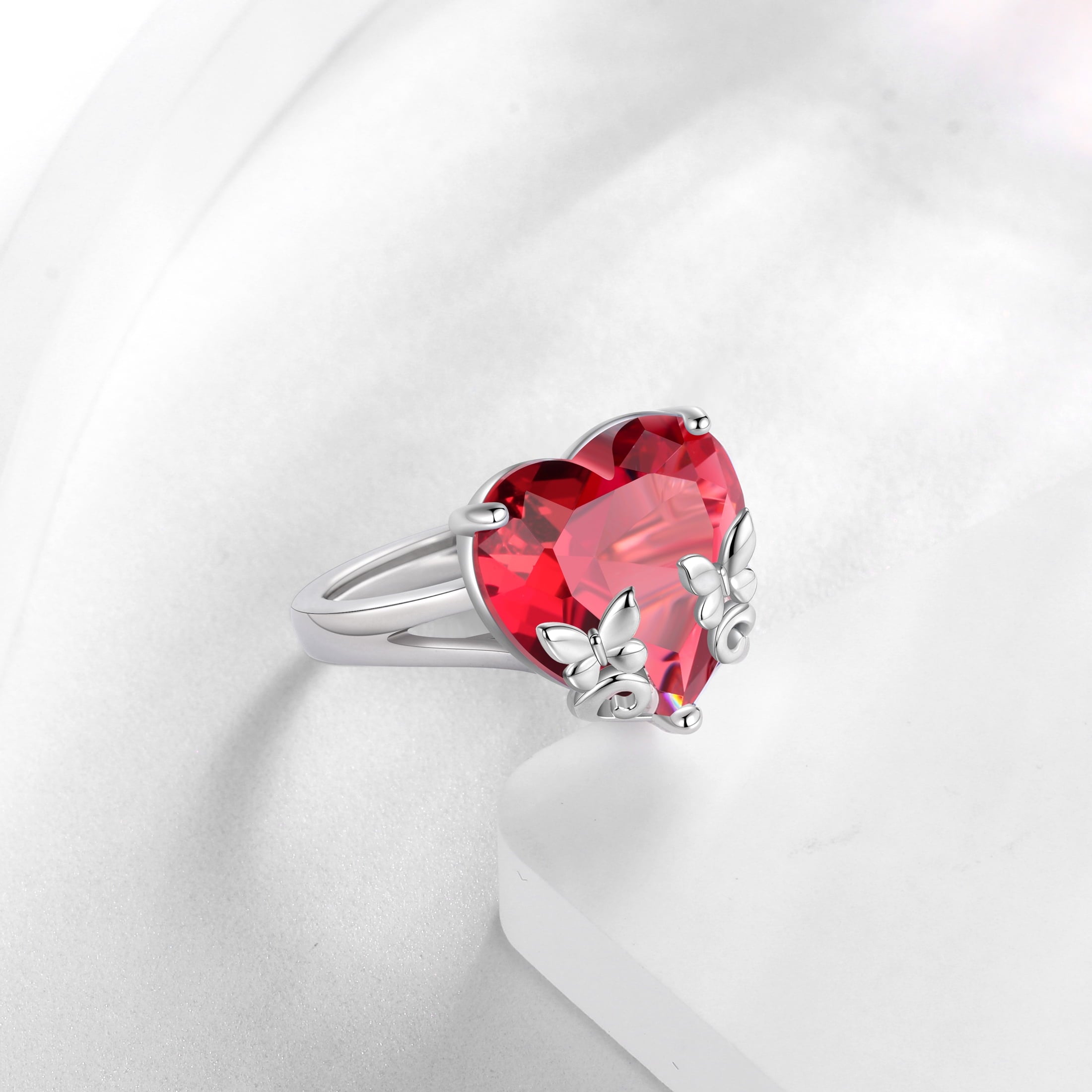 9Ct Women Heart Ring 925 Sterling Silver Butterfly July Birthstone Ruby Red Solitaire Ring Jewelry Mother Birthday Valentine's Day Gift - Aurora Tears