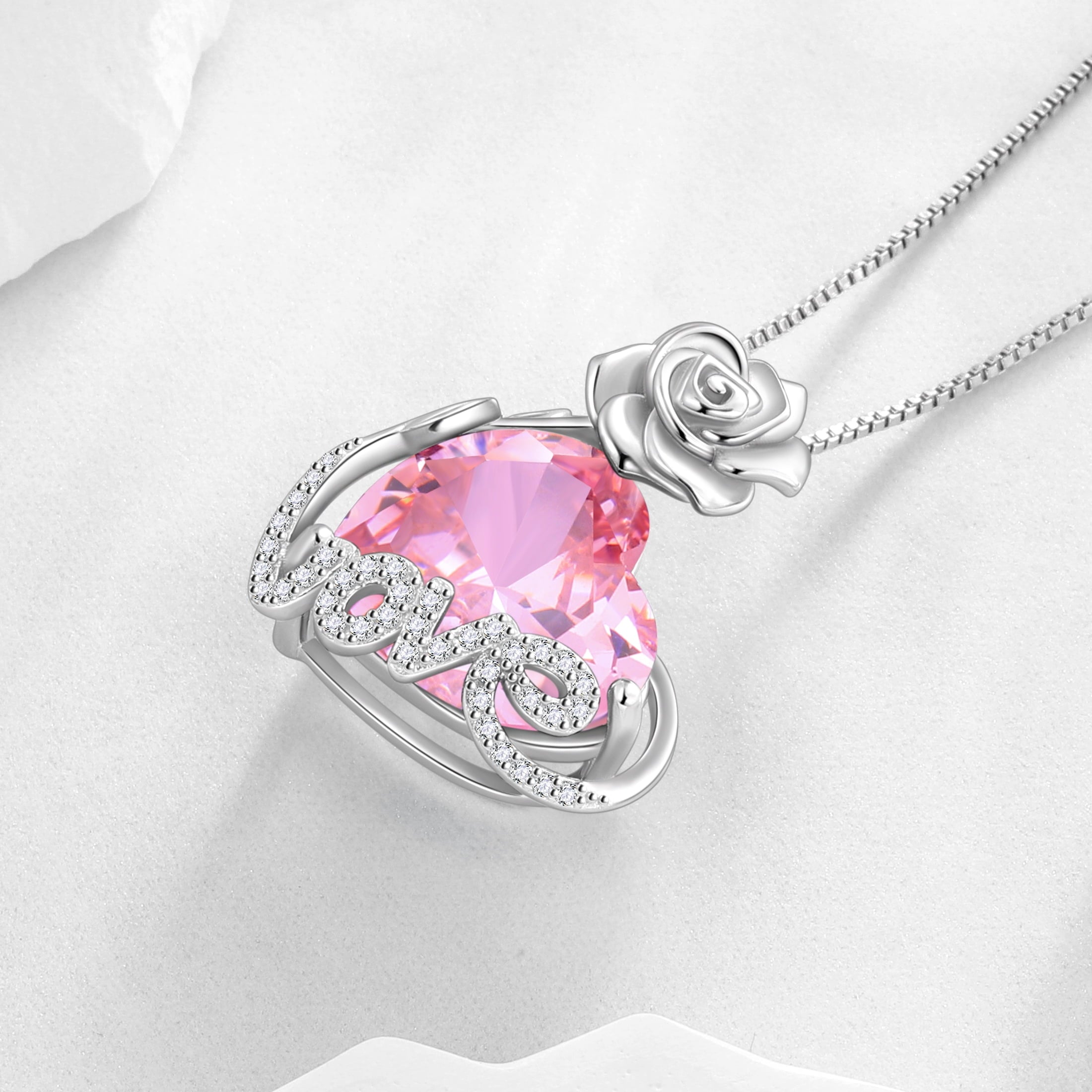 15MM Rose Heart Women Necklace October Birthstone 925 Sterling Silver Love Flower Pendant Pink Tourmaline Jewelry Mother Valentine's Day Gifts for Wife - Aurora Tears