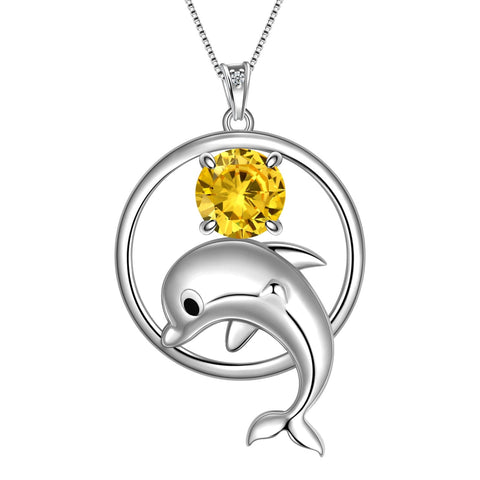 Juwaliy 925 Sterling Silver Cute Dolphin Necklace for Women Birthstone Pendant Sea Animal Jewelry Gifts - Aurora Tears