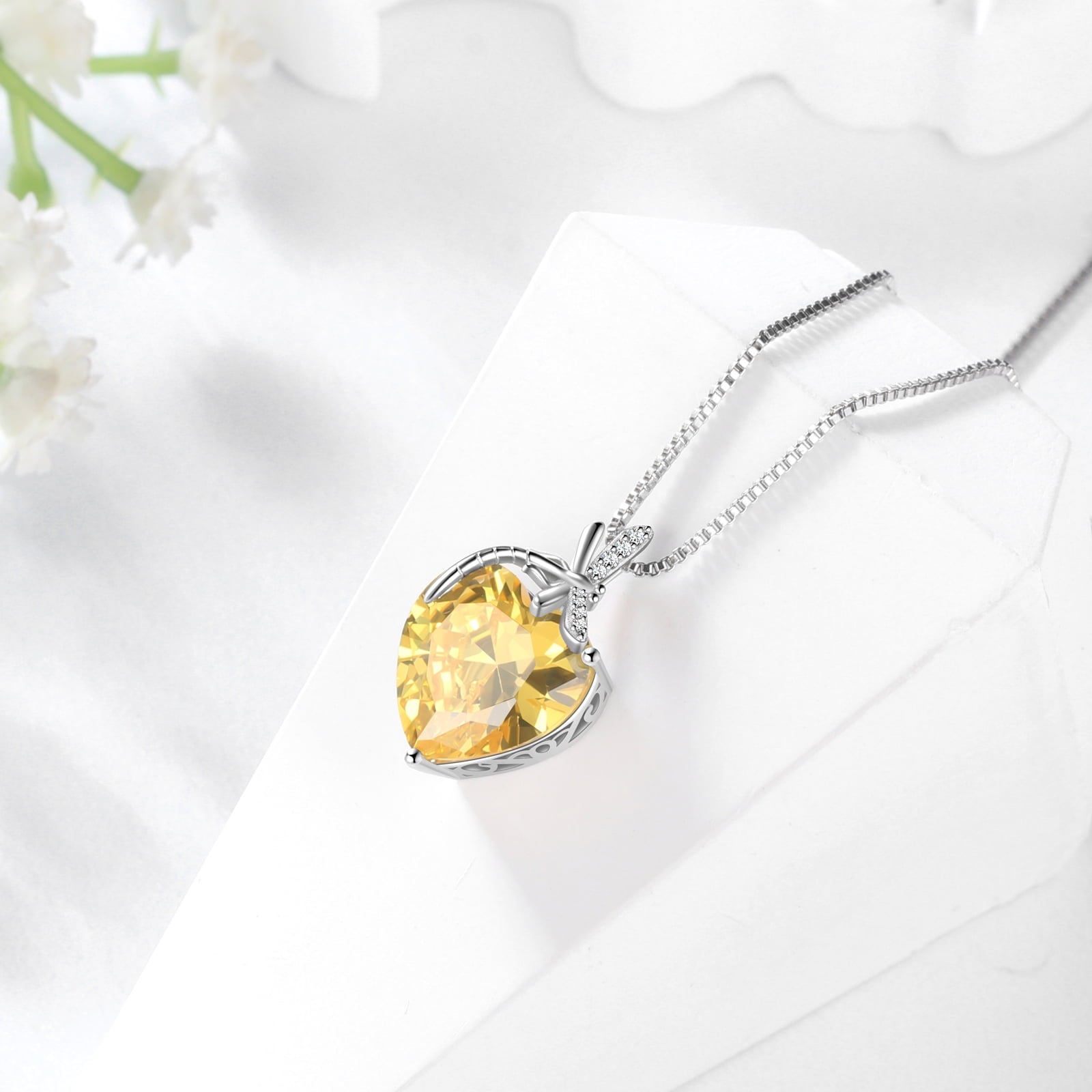 Dragonfly Necklace Heart November Birthstone Necklace Citrine 925 Sterling Silver Pendant Yellow Jewelry Women Birthday Christmas Mother's Day Gift - Aurora Tears