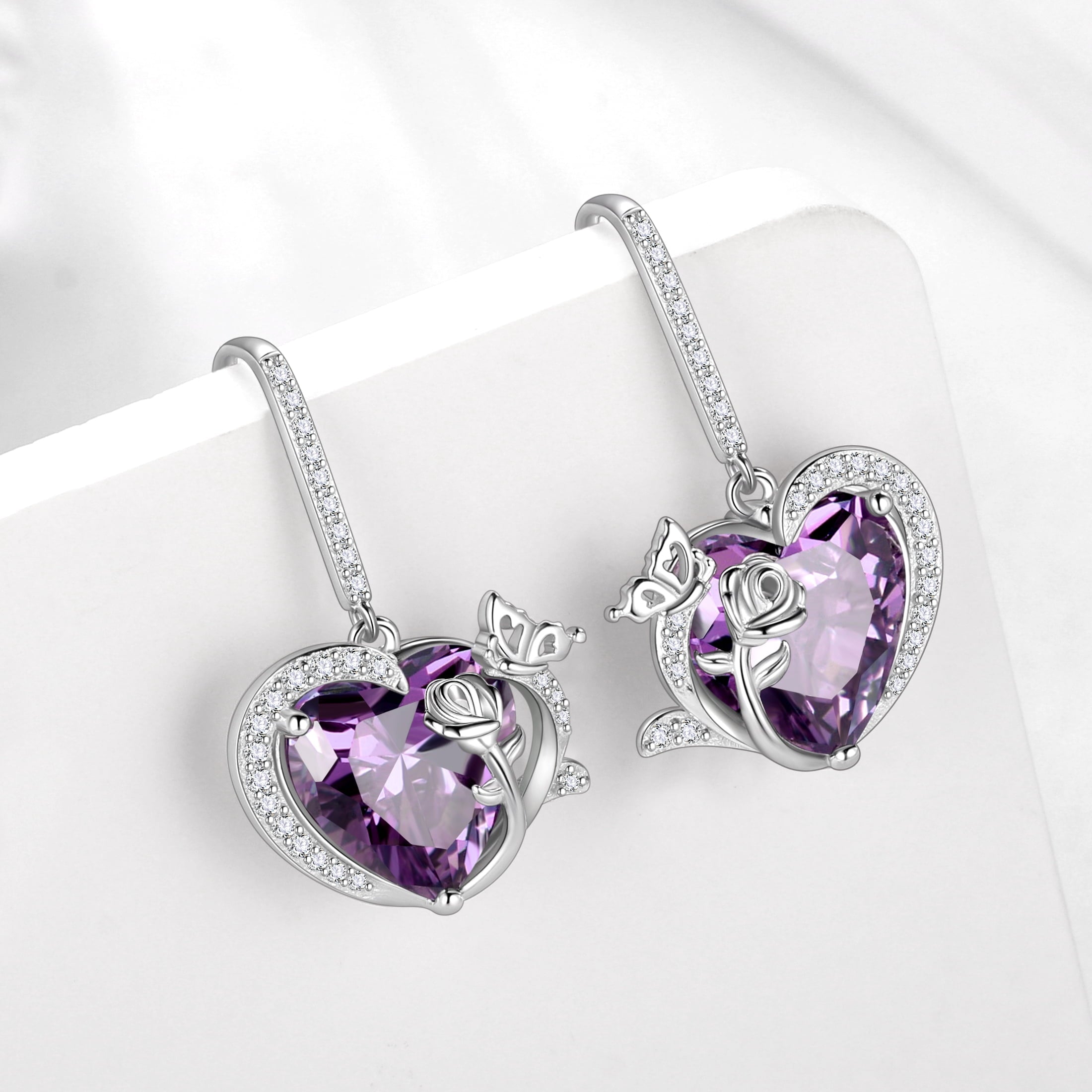 Women February Birthstone Drop Earrings Heart Amethyst Purple Butterfly Rose Jewelry Hook 925 Sterling Silver Earring Birthday Valentine's Day Gift - Aurora Tears