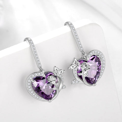 Women February Birthstone Drop Earrings Heart Amethyst Purple Butterfly Rose Jewelry Hook 925 Sterling Silver Earring Birthday Valentine's Day Gift - Aurora Tears