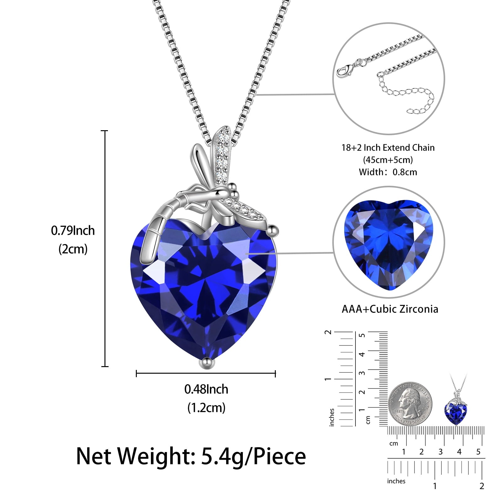 Dragonfly Necklace Heart September Birthstone Necklace Sapphire Blue 925 Sterling Silver Pendant Jewelry Women Birthday Christmas Mother's Day Gift - Aurora Tears