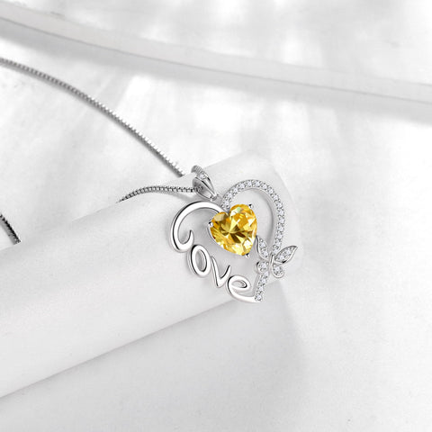 Women Yellow Love Heart Necklace Butterfly November Birthstone Necklace Citrine 925 Sterling Silver Pendant Jewelry Christmas Birthday Gifts for Mother - Aurora Tears