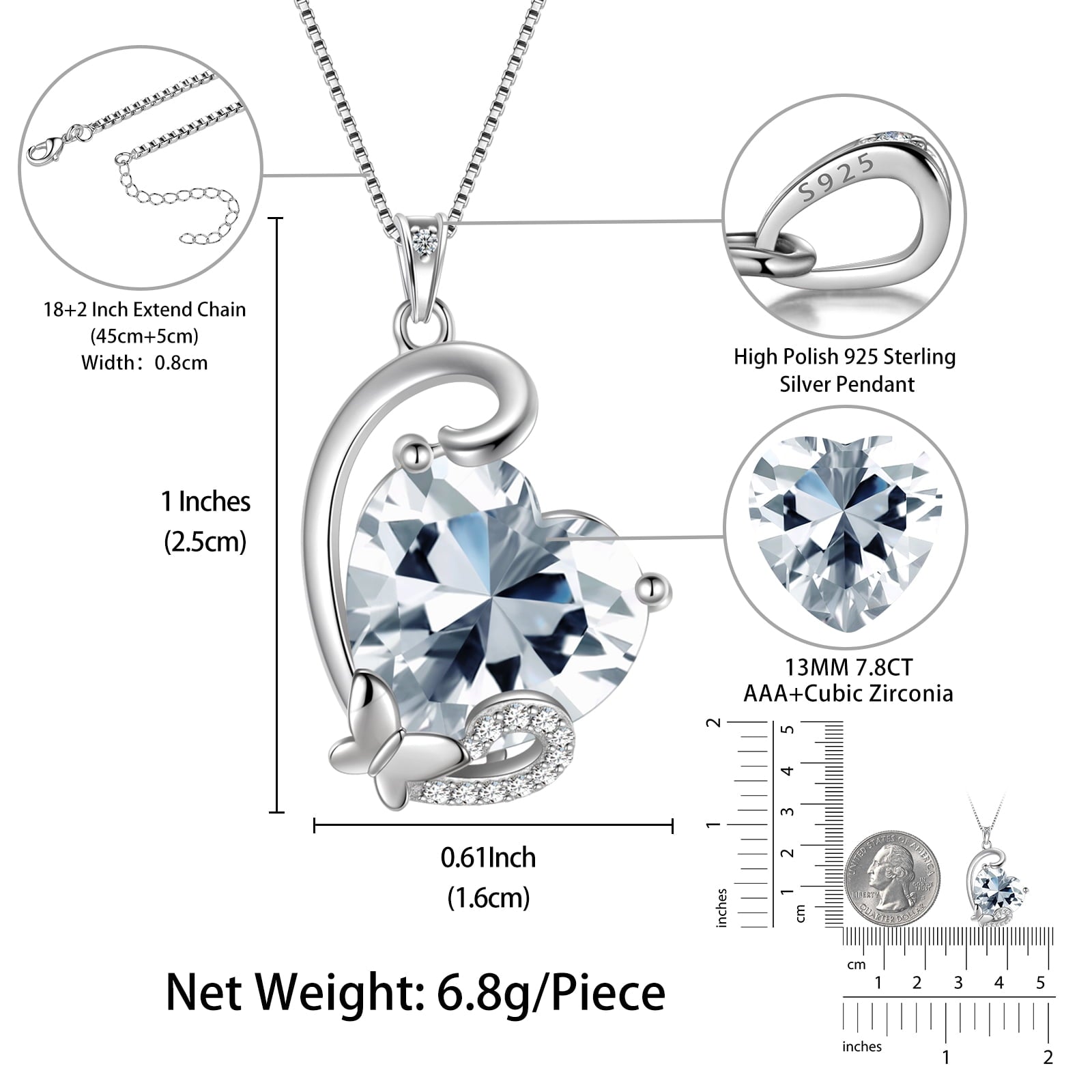 April Birthstone Heart Necklace Butterfly Pendant Diamond 925 Sterling Silver Bridal Jewelry Women Mother Birthday Valentine's Day Gift - Aurora Tears