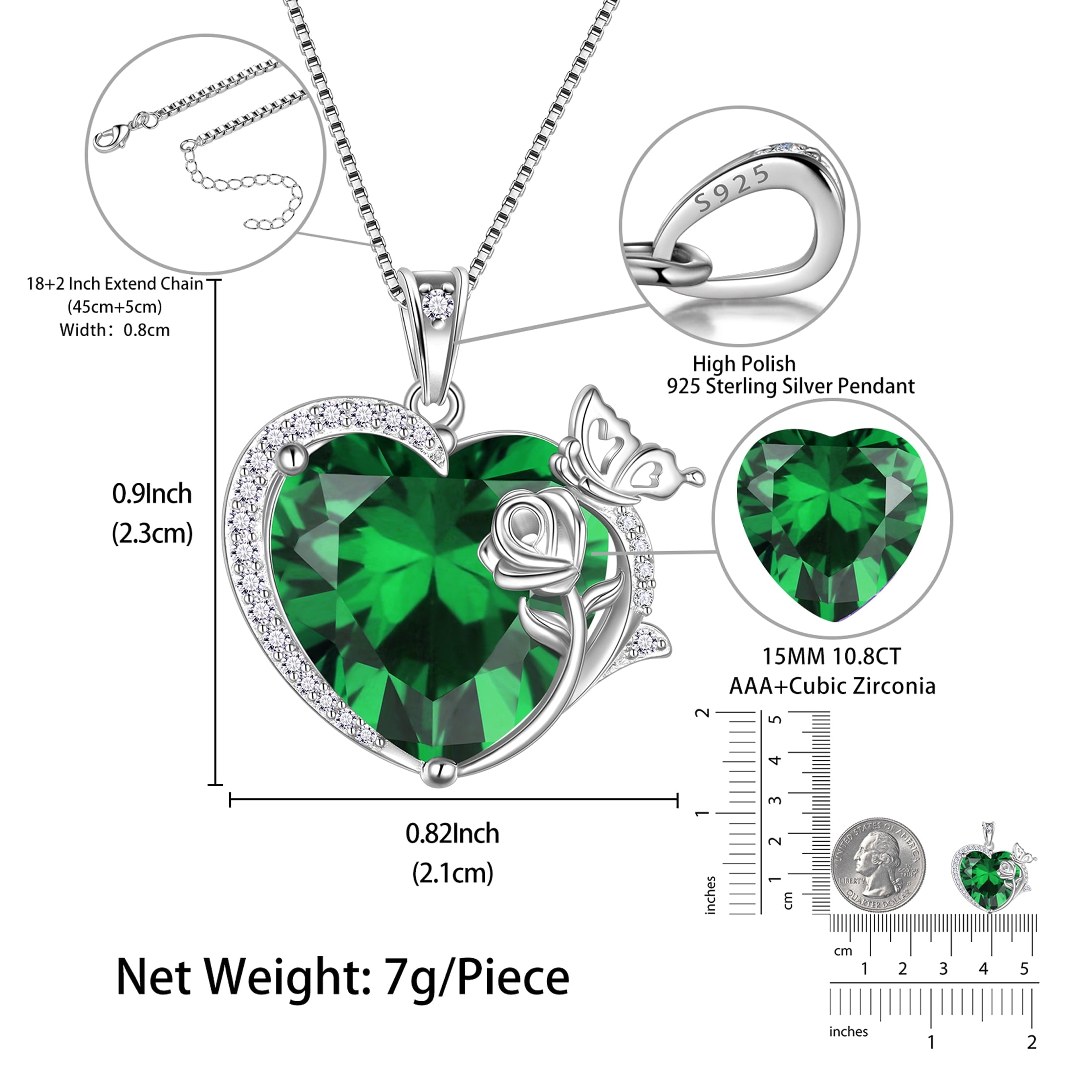 Women Heart Necklace Butterfly Rose Flower Pendant May Birthstone Emerald Green 925 Sterling Silver Jewelry Mother's Day Gift for Mom Grandma - Aurora Tears